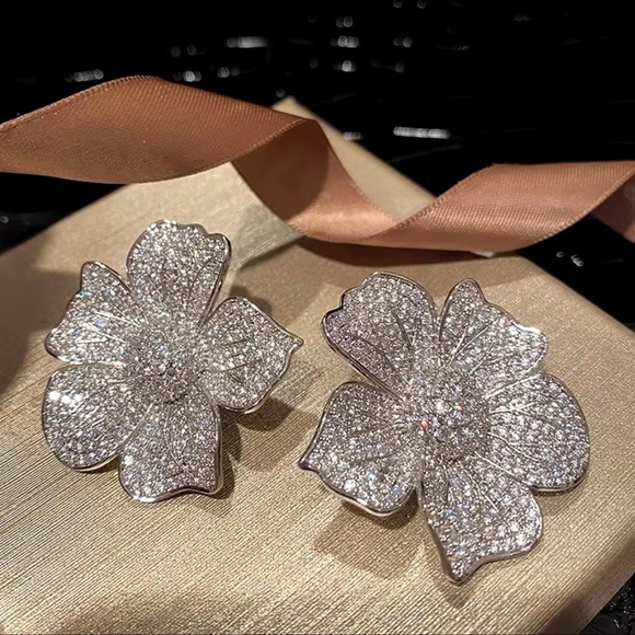 Floral Crystal Encrusted Silver Zirconia Earrings - Picture 9 of 12